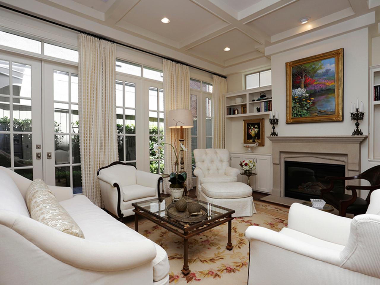 White Traditional Living Room With French Doors